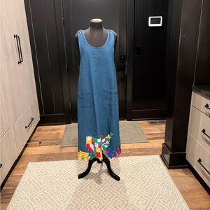 Ol Paint Denim Jumper Dress w/ USA Map Patchwork Hem | Cotton | S–M